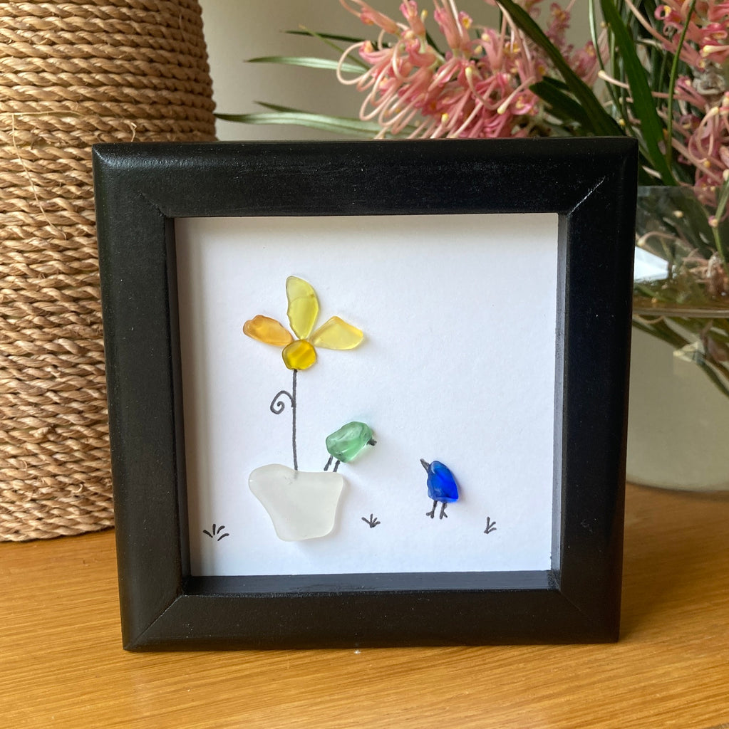 Mini Framed Sea Glass Art - Happy Birds by Planter