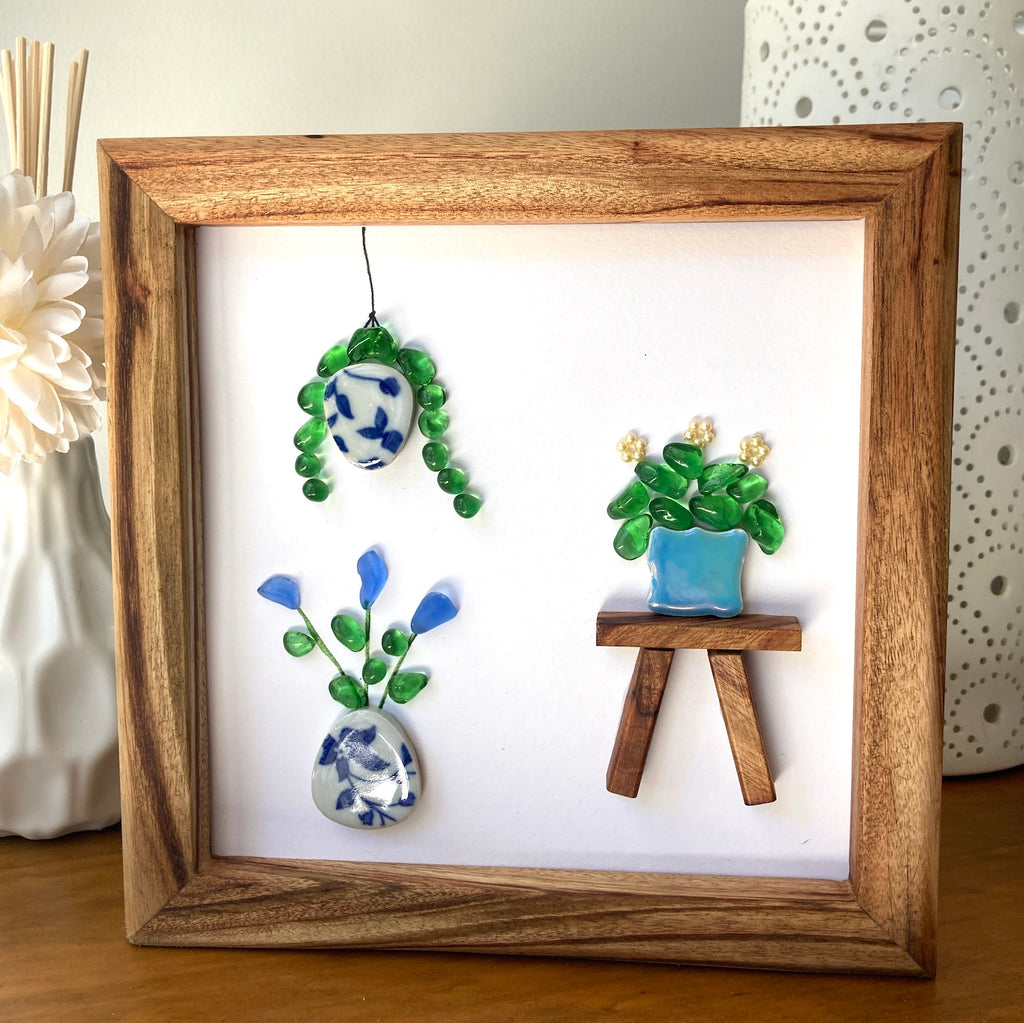 Framed Sea Glass Art, "Trio of Potted Plants"