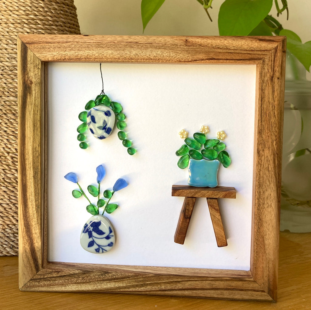 Framed Sea Glass Art, "Trio of Potted Plants"