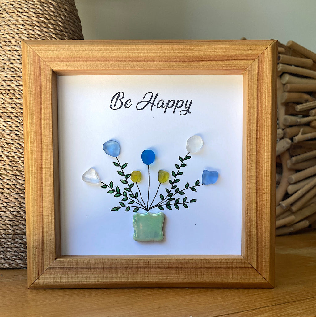 Framed Sea Glass Art, "Be Happy"