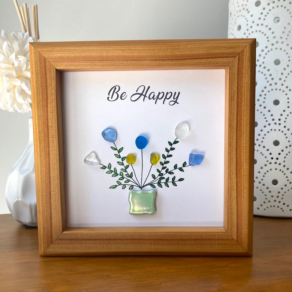 Framed Sea Glass Art, "Be Happy"