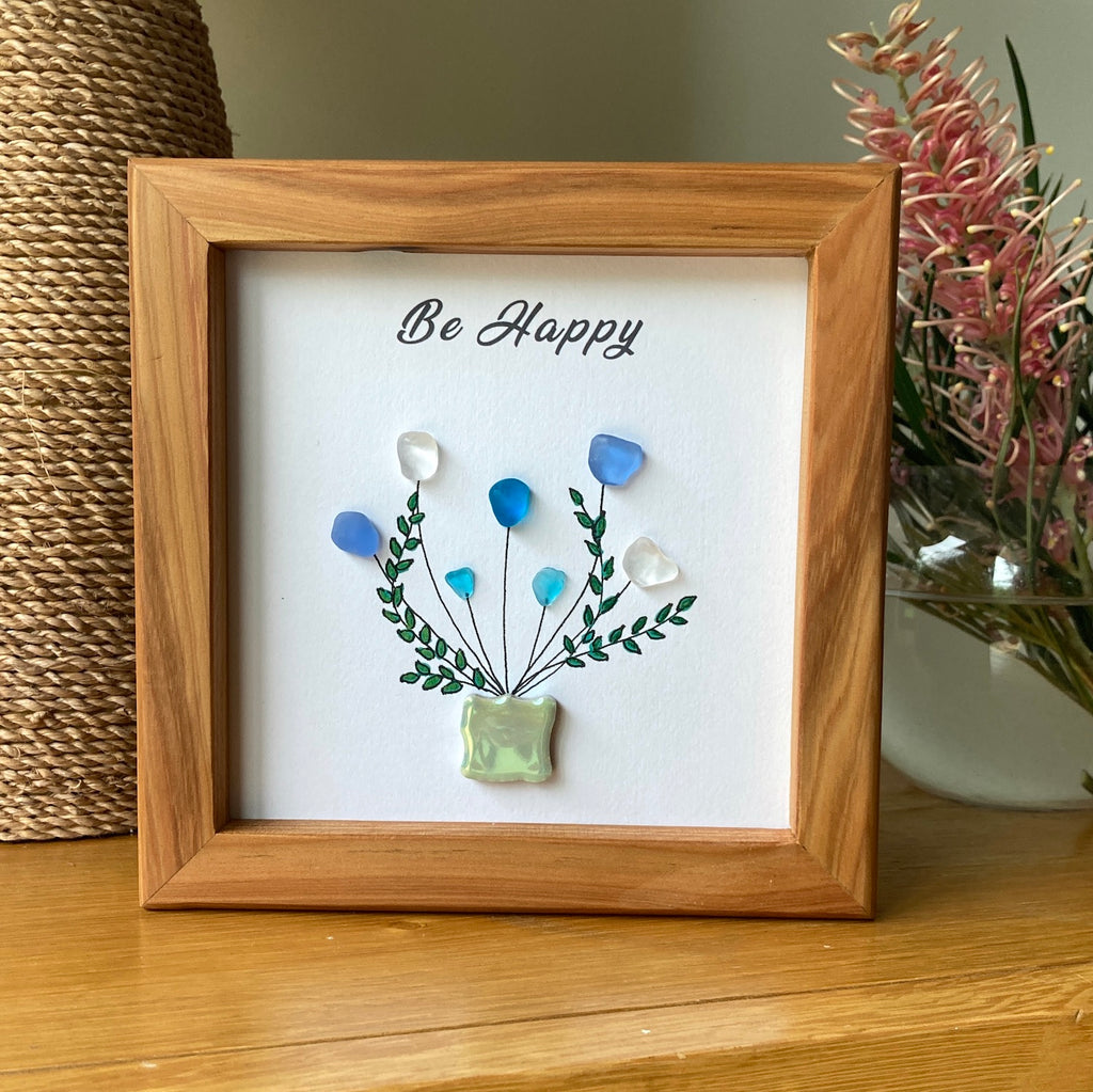 Framed Sea Glass Art, "Be Happy"