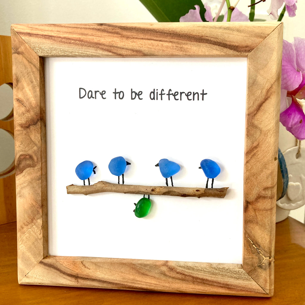 Framed Sea Glass Art, "Dare to be Different"