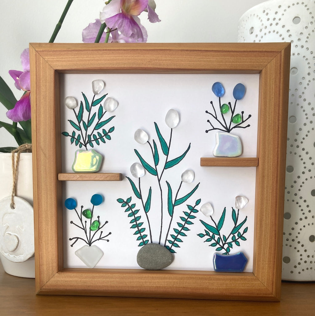 Framed Sea Glass Art, "Flower Power"