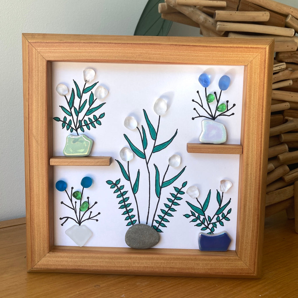 Framed Sea Glass Art, "Flower Power"