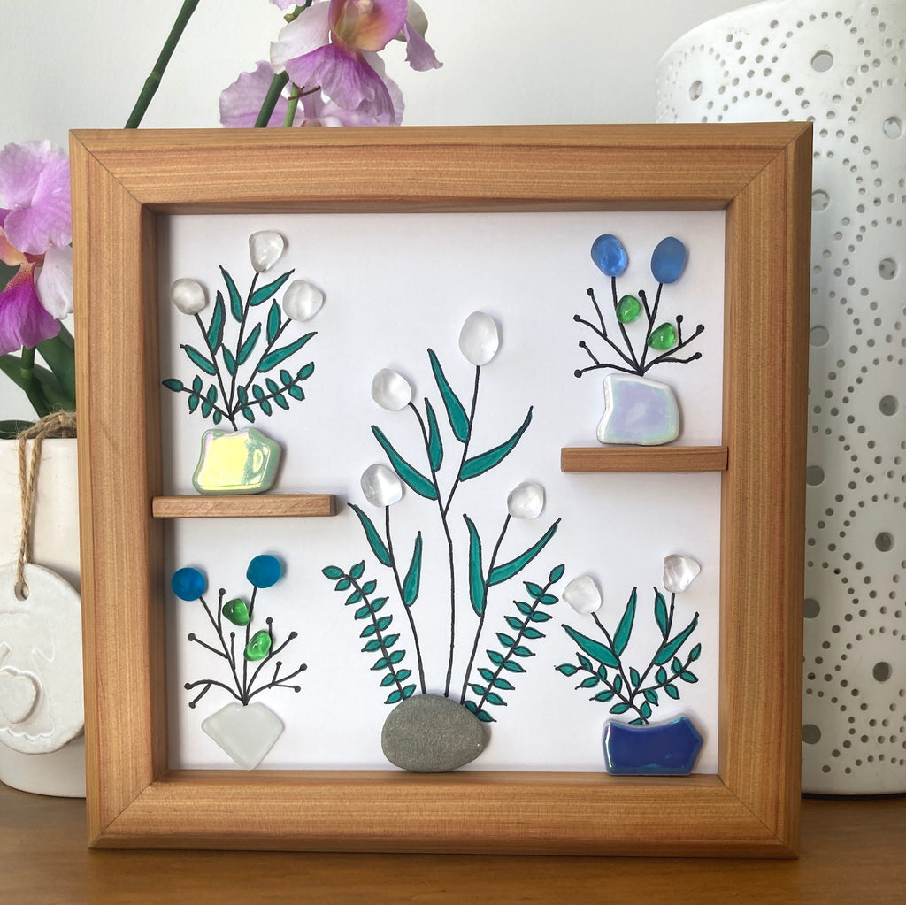 Framed Sea Glass Art, "Flower Power"