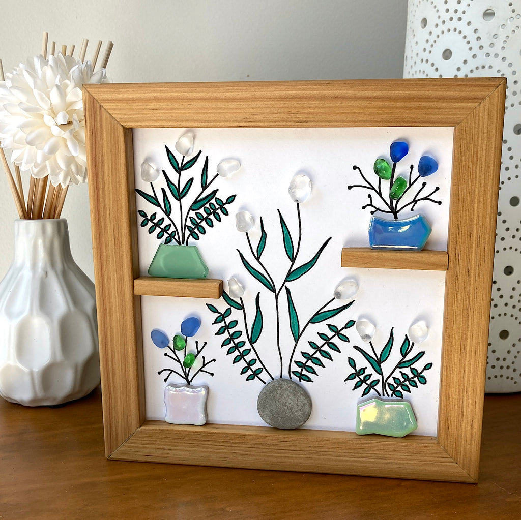 Framed Sea Glass Art, "Flower Power"