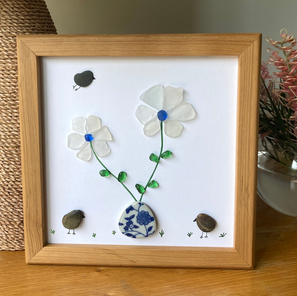 Square Framed Pebble and Sea Glass Art - Flowers in Ceramic Vase with Birds