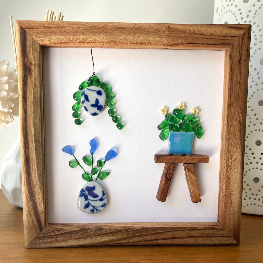 Framed Sea Glass Art, "Trio of Potted Plants"