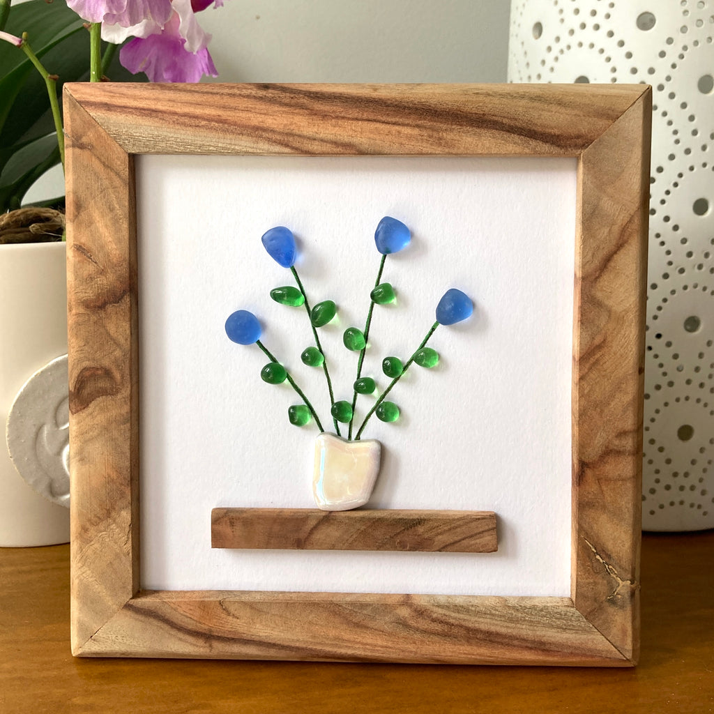 Framed Sea Glass Art, "Flowers on a Shelf"