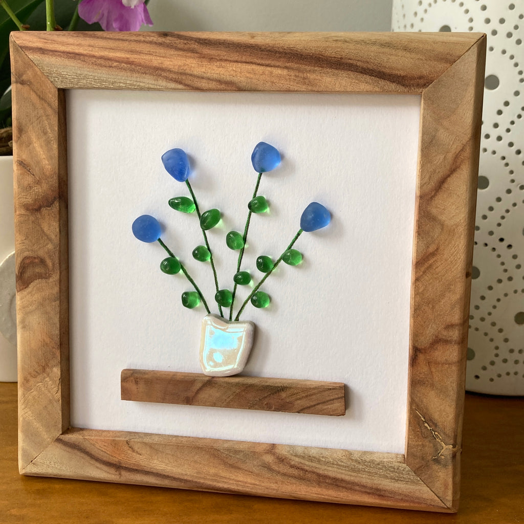 Framed Sea Glass Art, "Flowers on a Shelf"