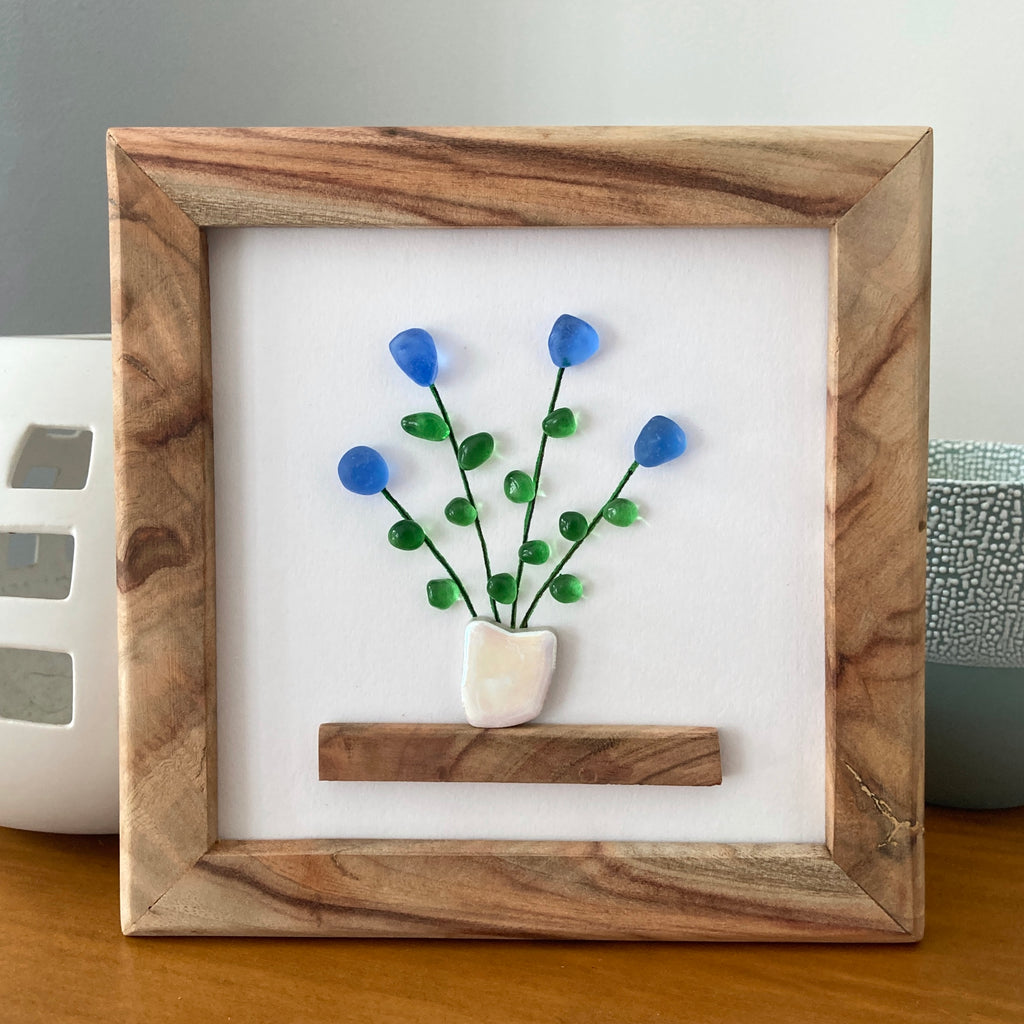 Framed Sea Glass Art, "Flowers on a Shelf"